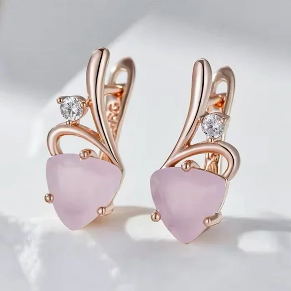 Beautiful Rose Gold 585RG Pink Natural Gem Zircon Heart Design Earrings - Picture 2 of 9